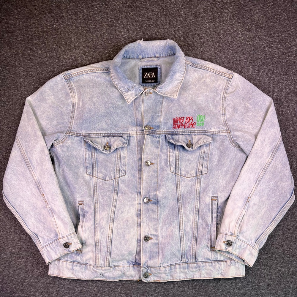ZARA Acid Wash Denim Jacket Men XL Graphic Distressed Urban Graffiti Trucker Y2k - Picture 6 of 16